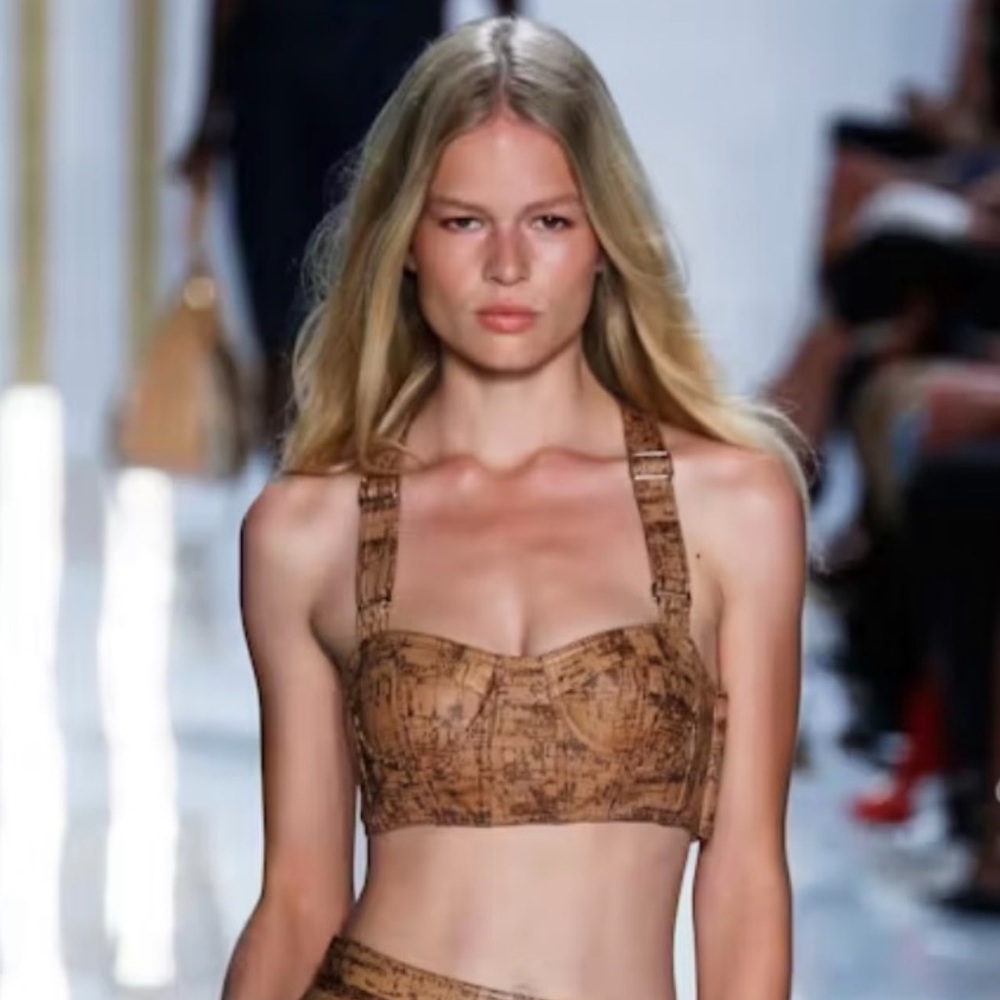 ✨DVF Runway Collection Tan Cork Print Faux Leather Bustier Bralette Boho Western